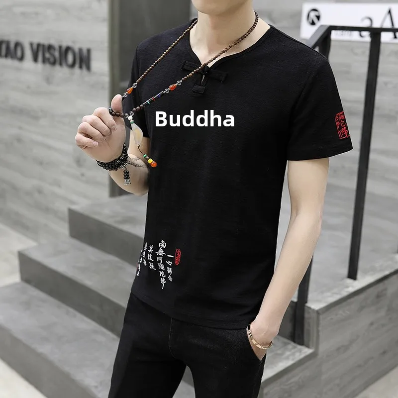 تي شيرت رجالي بأكمام قصيرة مطرز بكلمة بوذا من الكتان موضة الصيف مقاس كبير عصري اجتماعي للأولاد برقبة دائرية من القطن للشباب #2