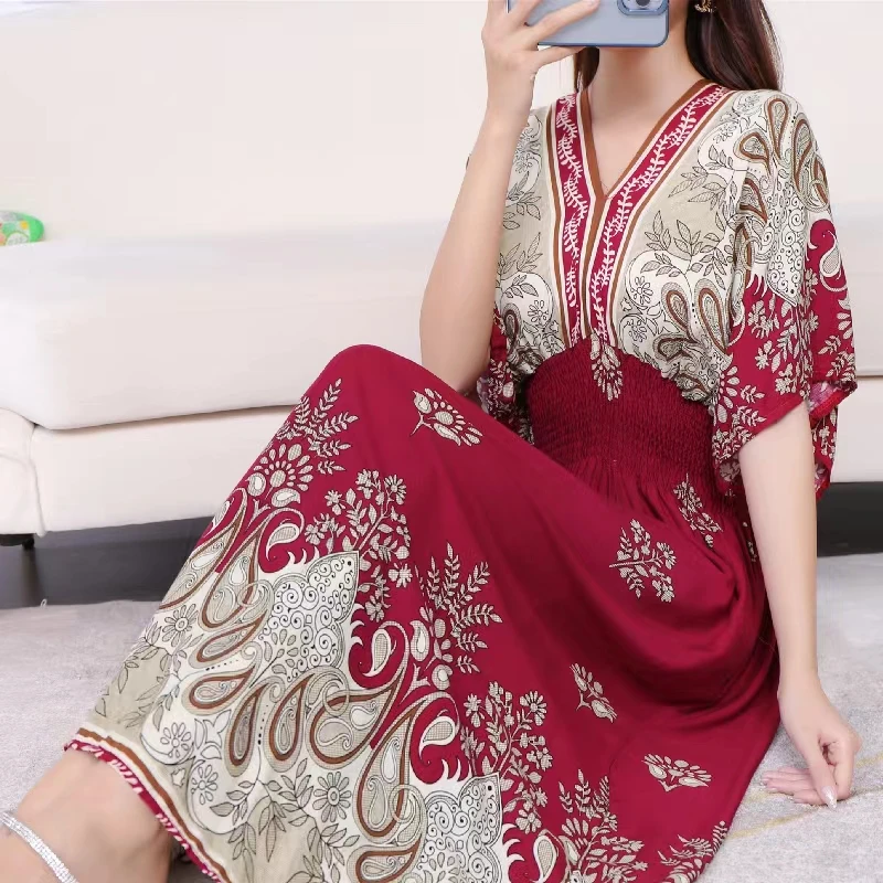 

Casual Elegant Retro Style V-neck Tunic Large Swing Printed Dress Long Skirt