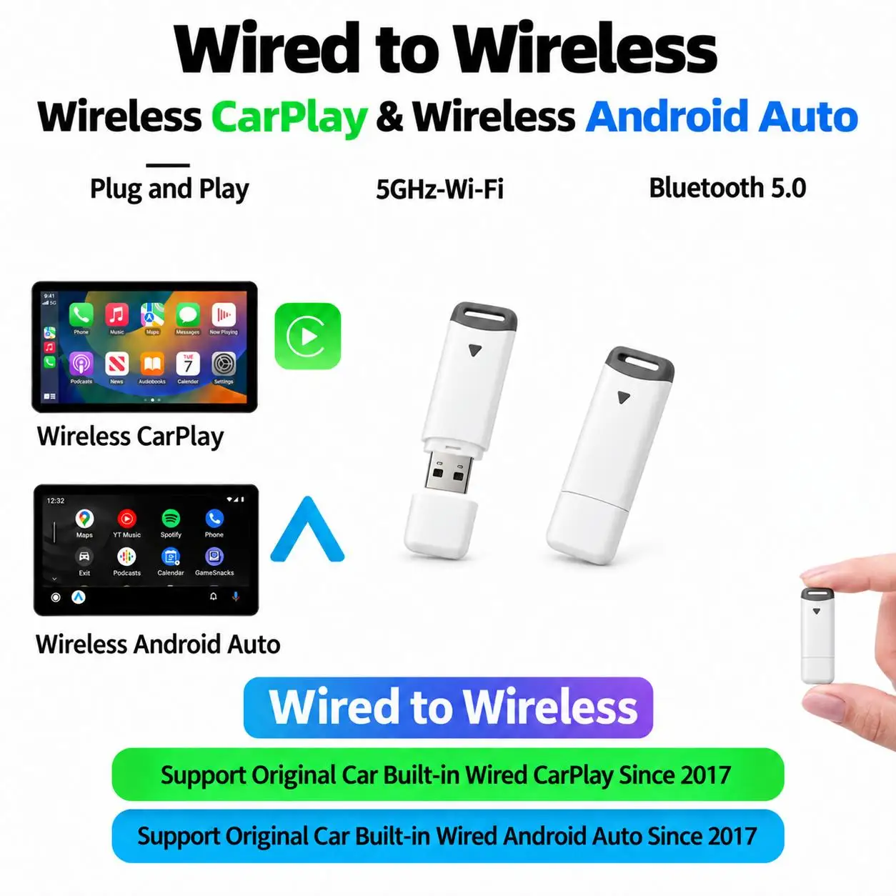 2-in-1 Wireless CarPlay & Android Auto Adapter, Universal Fit for Most Cars, Wireless Connection, Plug & Play IOS/Android