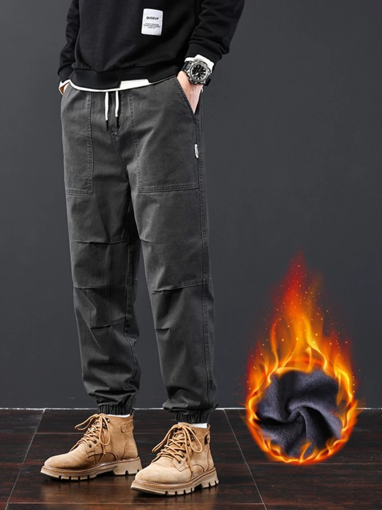 الشتاء الصوف مدبب Sweatpants الرجال 100% القطن سراويل تقليدية المألوف الدافئة جيوب سميكة البضائع المخملية بنطلون #1