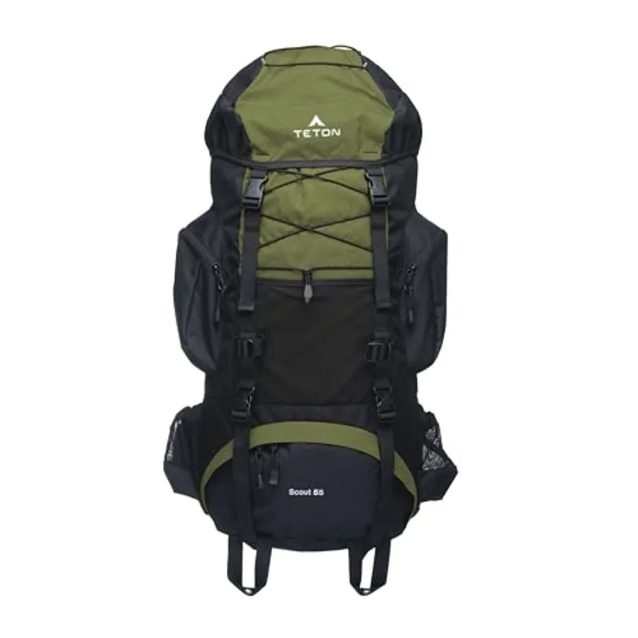 Teton 55L Scout Internal Frame Backpack for Hiking, Camping, Backpacking, Travel, Rain Cover Included, Olive
