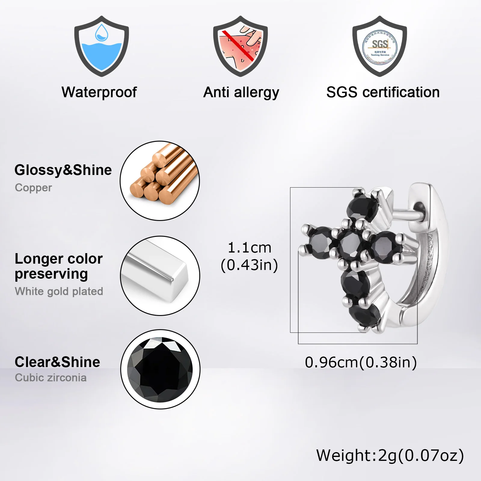 Vnox Herren Kreuz Huggie Hoop Ohrringe, Kupfer mit Zirkon-Einlage, mehrfarbiges Kreuz-Piercing-Schmuckstück, Geschenk für Männer, für den täglichen Gebrauch und Partys. – Detail 5