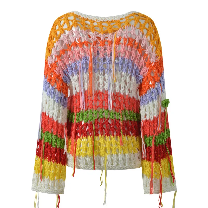 CHUJIE خريف 2025 بلوزة متماسكة مخططة ملونة، بلوزة عصرية فضفاضة ذات هامش من الدانتيل الكروشيه