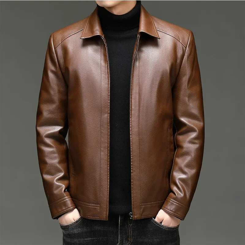 

Winter Thin Flip Business Leather Jacket Men's Imitation Sheepskin Overcoat Autumn Collar Middle-aged Dad's Outfit Plush Coat
