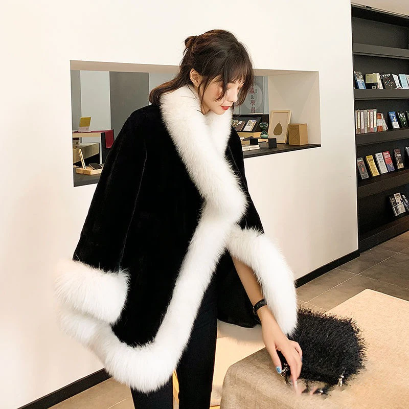 Winter Coat Fur Jacket Casual Outwear Women's Faux Fox Fur Coat Mid-length Plush Coat Loose Furry Womens Clothing Fox Fur Collar