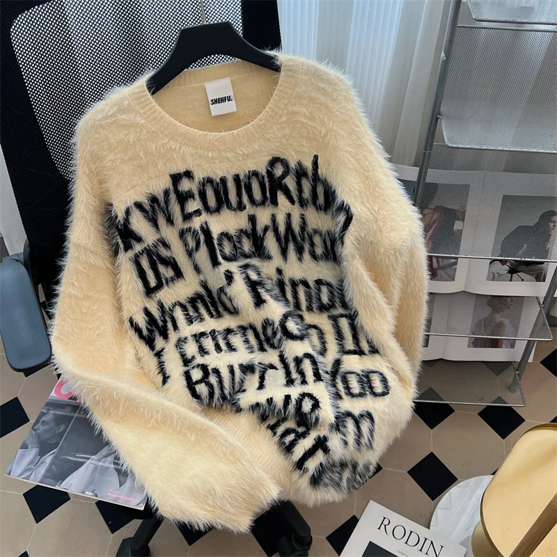 

Laid-ba American Sle Knitted Sweater Men's High Street Hip Hop Unique Couple's Casual Fake Fur Top