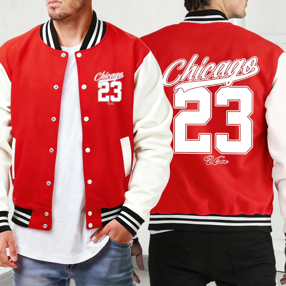 

Chicago Art Number 23 Print Jackets Unisex Autumn Loose Sportswear Fashion High Street Baseball Uniform Classic Pocket Menswear
