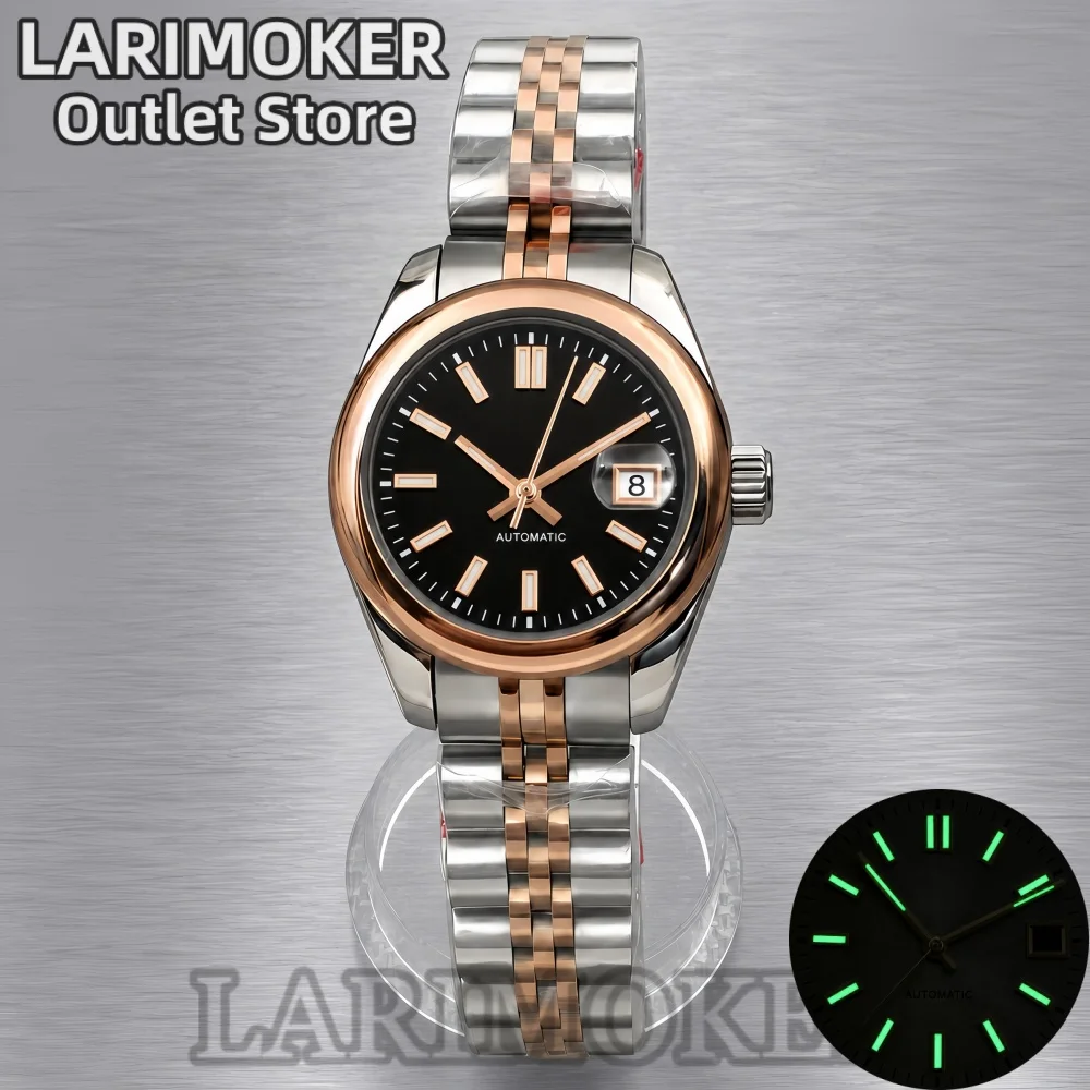 LARIMOKER 28mm Women's NH05 Automatic Watch Black Dial Two-Tone Rose Gold Stainless Steel Bracelet Sapphire Glass Date Magnifier