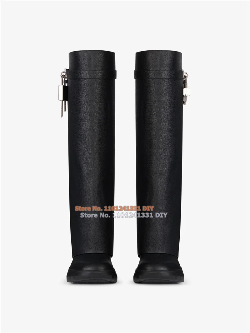 Shark Lock Biker Boots Plain Round To Pocket Knee High Boots Women Metal Clasp Silver Finish Pad Locks Platform Long Boots