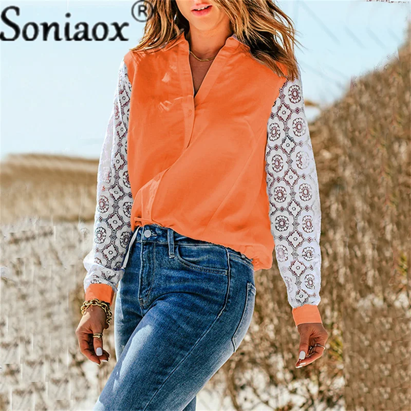 2022 Autumn New Fashion Blouse Tops Women Long Sleeve Lace Patchwork Blouse Ladies Casual Sexy V-Neck Solid Color Street Shirt