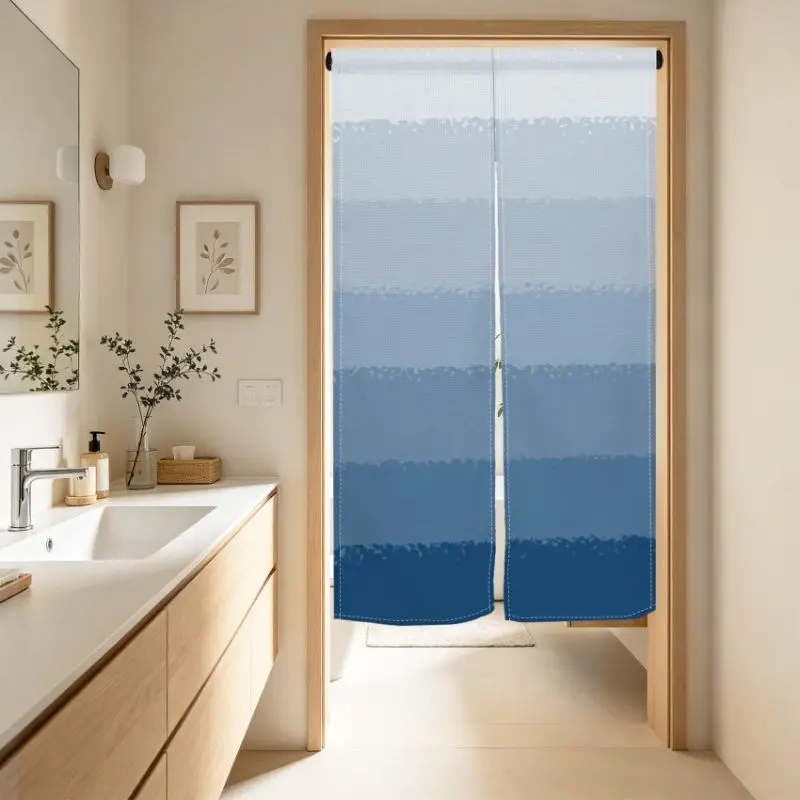 VIKAMA Blue Gradient Stripe Door Curtain Ombre Horizontal Band Minimalist Nordic Linen Noren Bathroom Bedroom Kitchen Living