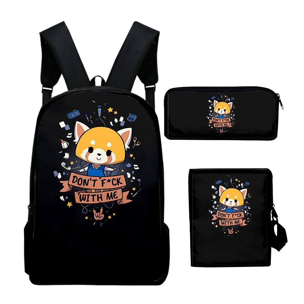 Aggretsuko-Mochila clásica con estampado 3D de Anime, bolso escolar para pupilas, mochila para portátil, bolso de hombro inclinado, estuche para lápices, 3 unidades por juego