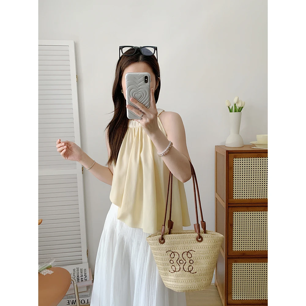 

Женский топ из УФПУ с желтым воротником и подвесным воротником AJ, летняя повседневная блузка из другого материала, 00% модная