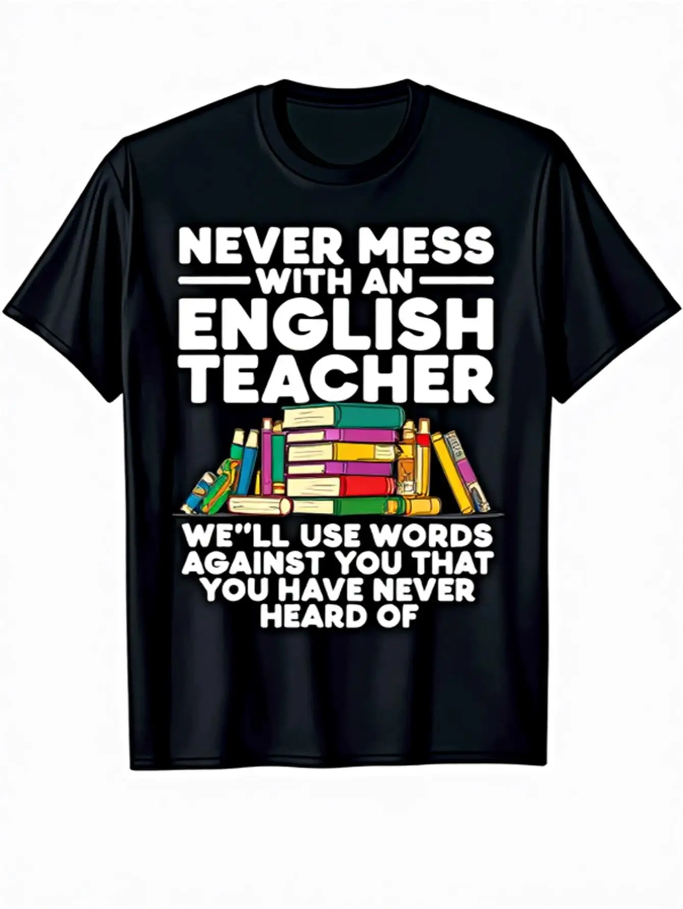 Camiseta divertida para hombre con lápiz de biblioteca, nunca desorden con el lema de los maestros de inglés, camisa de manga corta con cuello redondo informal de algodón pesado, interesante regalo educativo adecuado para maestros y ratones de biblioteca, ropa humorística para profesores de inglés, camisa gráfica negra