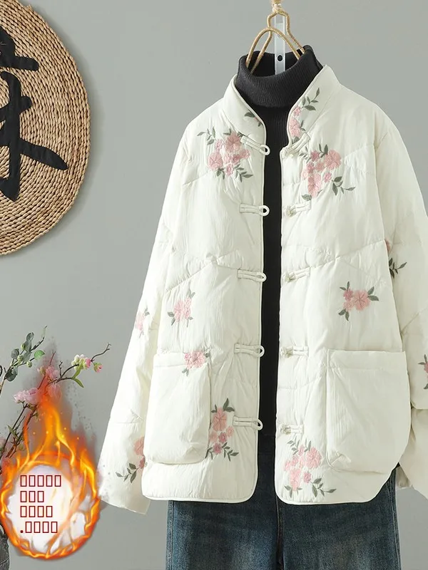 

Ele ort Embroidered Cotton Jaet Lightweight Thin Button Design Cotton Coat for Women Ladylike Sle Commute Friendly