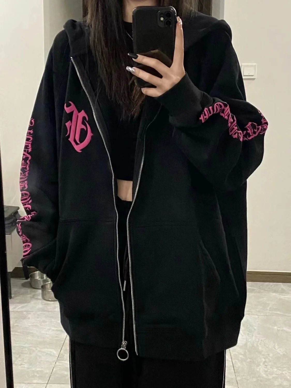 Gothic Letter Printed Zip Hoodie Oversized Sweatshirt Women Spring Autumn Casual Hoodies Female Black Tops Streetwear Plus Size