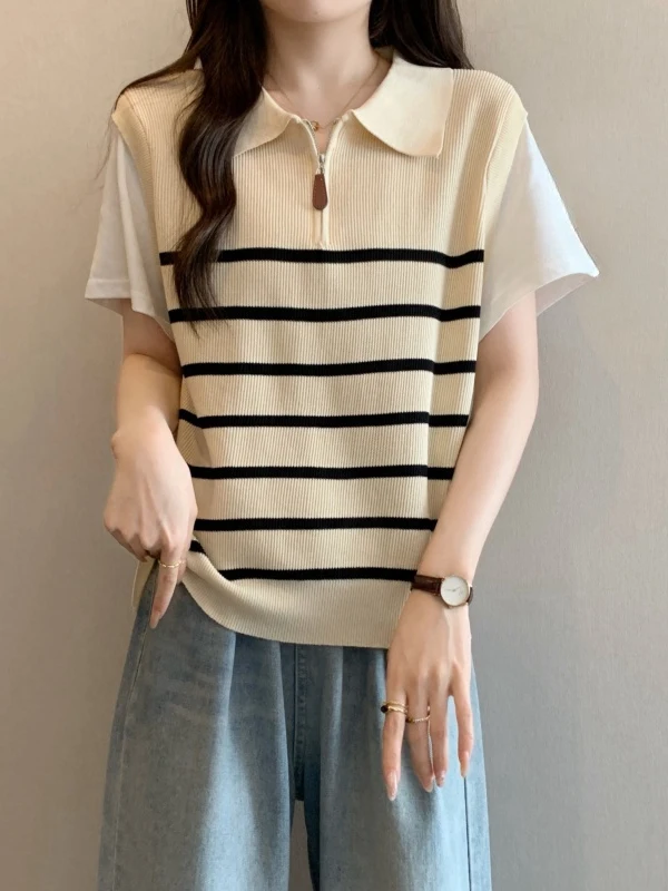 

Women's Ice Silk T-Shirt Neck Short Sleeve Striped Base Shirt Summer Half Zipper Loose Fit Soft Comfortable Korean Style