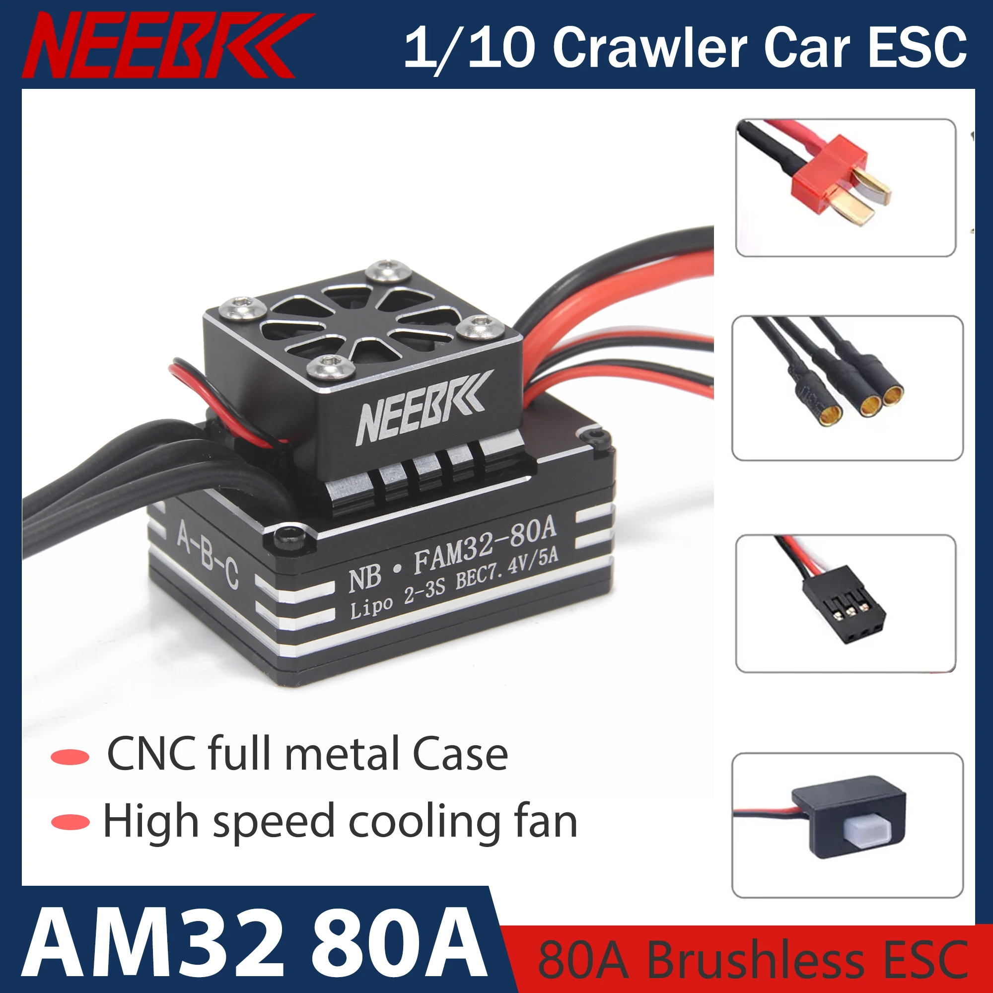 

80A Бесщеточный ESC AM32 2-3S Бесщеточный ESC Металлический корпус с ЧПУ для 1/8 1/10 RC Гусеничного автомобиля Axial SCX10 Traxxas TRX-4 TRX-6 Off-road