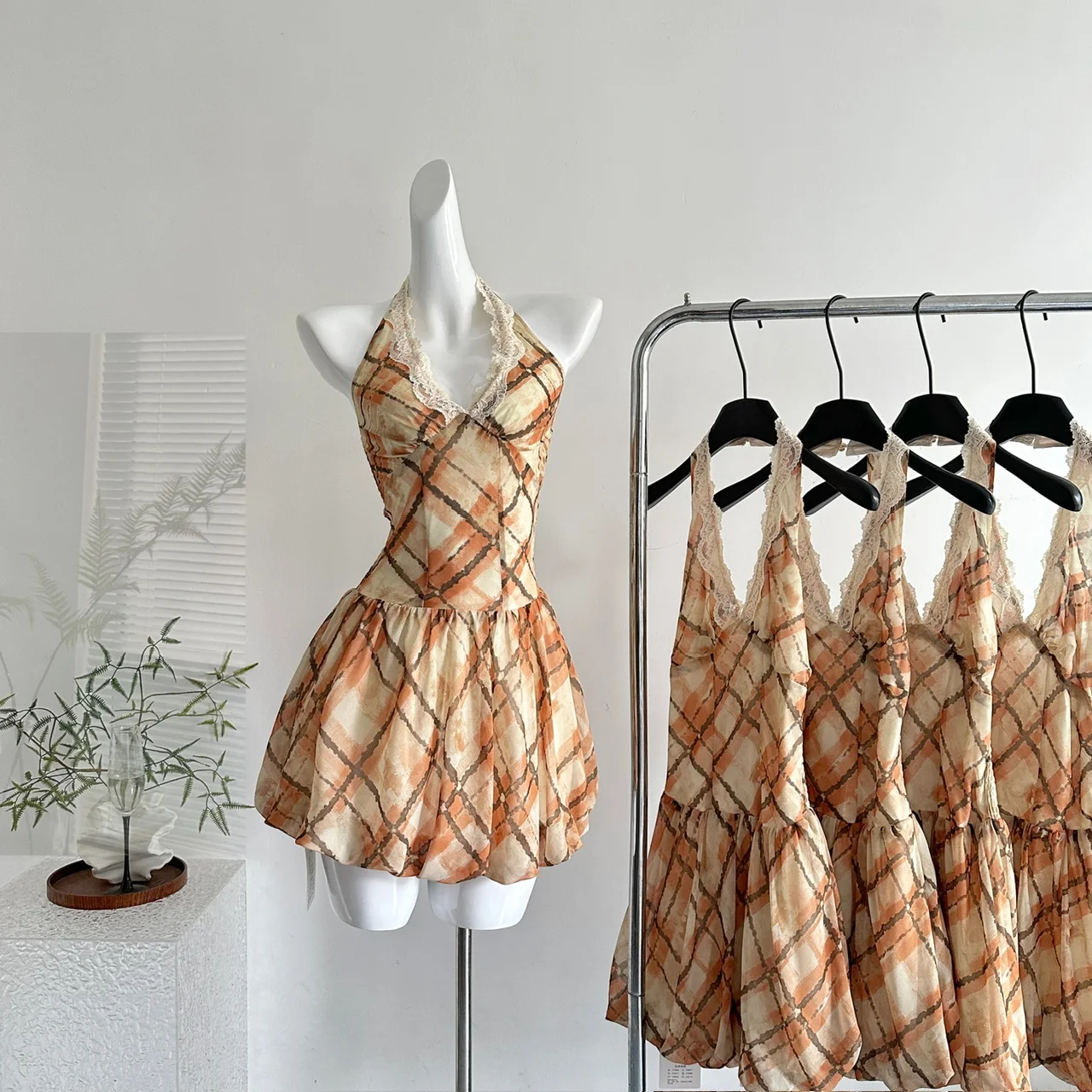 

Summer Women Korean Graduation Midi Backless Plaid Dress Shoujo Prom Gown Sleeveless Frocks Evening Party Birthday One-Piece