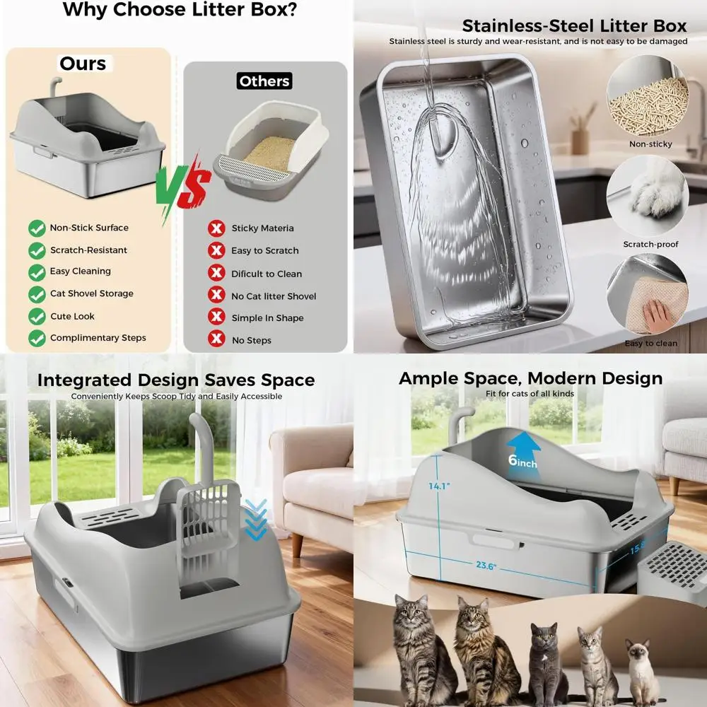 

Очень большой лоток для кошек из нержавеющей стали, с высокими бортиками, педальным фильтром и держателем для совка, защита от протекания, антипригарное покрытие, E