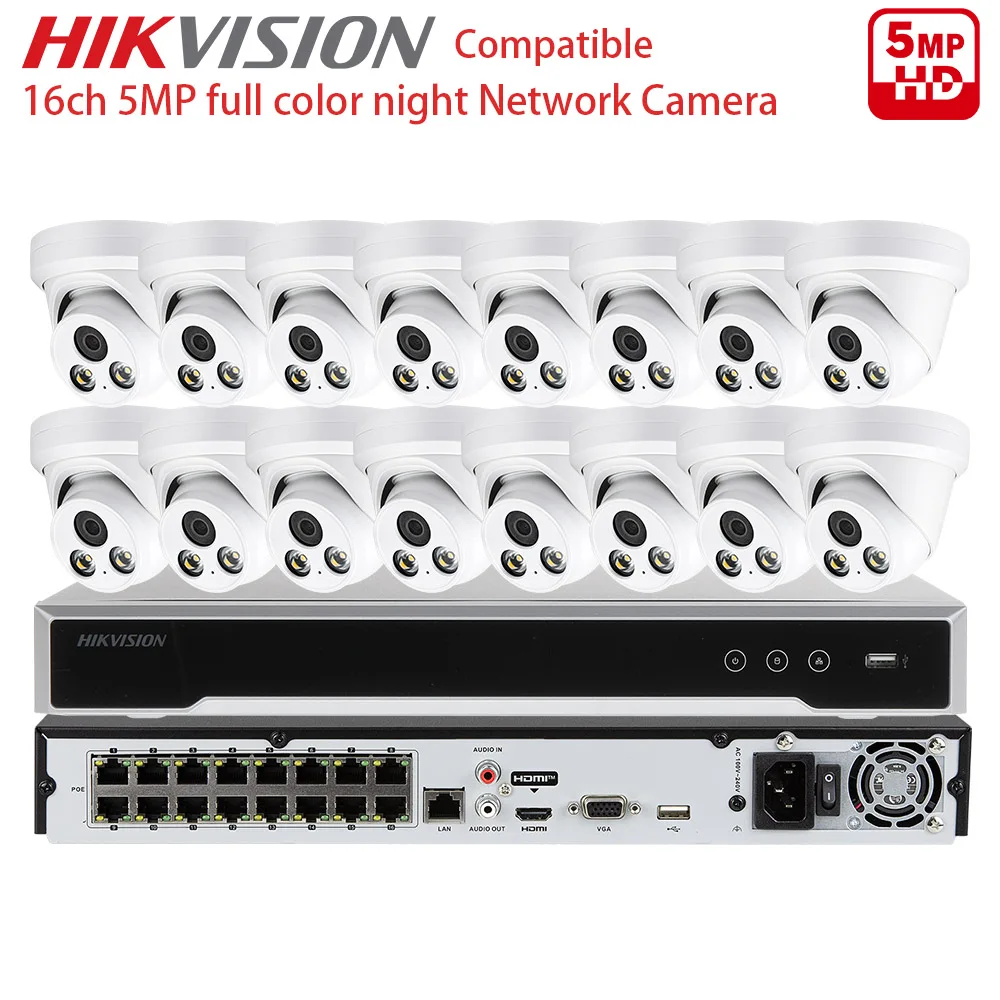 

Совместимый с Hikvision 16-канальный комплект IP-камер 5 Мп, 16-портовый PoE NVR DS-7616NI-Q2/16P, сетевой видеорегистратор с цветным ночным видением