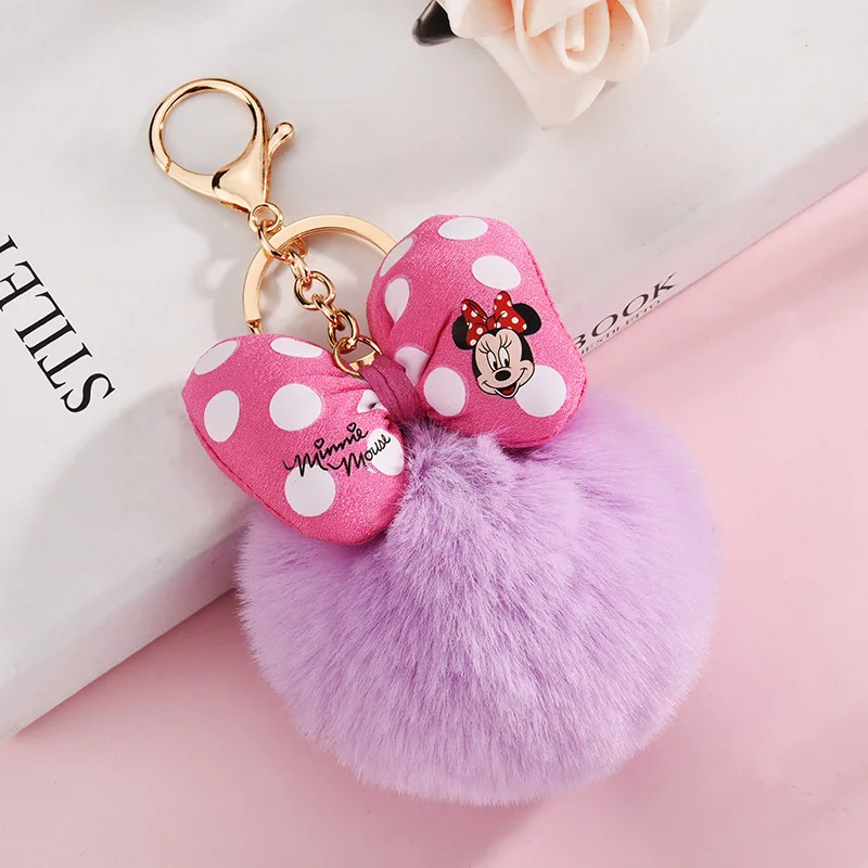 Porte-clés en peluche de la série Disney TureMouse, porte-clés de dessin animé mignon, Minnie, nœud à pois, boule de fourrure, accessoire pendentif de sac, chaud, périphérique