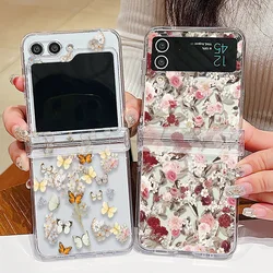 Transparent Rose Flower Pattern Case For Samsung Galaxy Z Flip 7 6 5 4 Flip6 Flip5 Flip4 Flip3 5G Hard Clear Folding Phone Cover