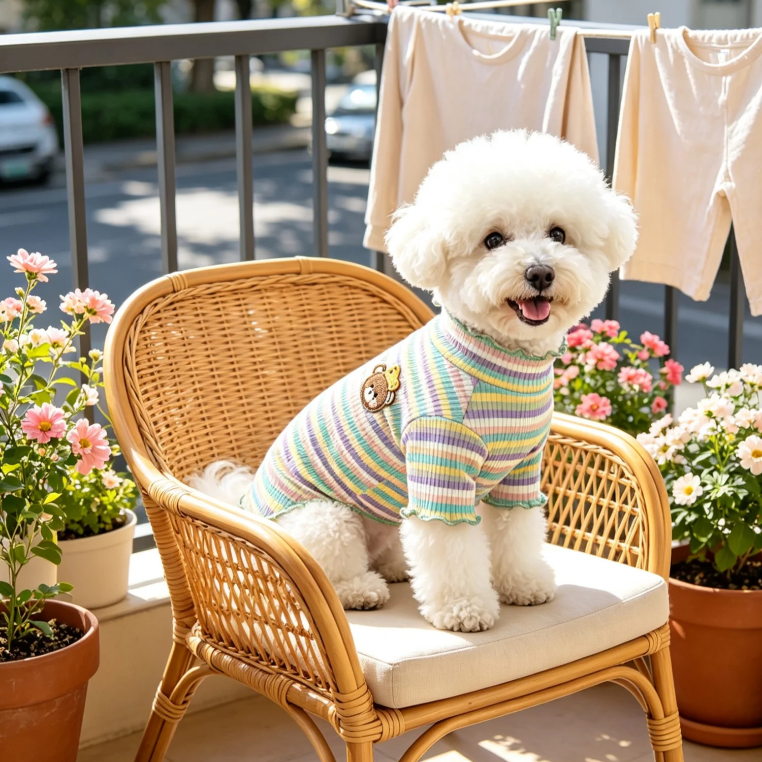 Gestreiftes Strick-Hundehemd mit niedlichem Bärenmotiv, Haustierkleidung, weiches geripptes Welpen-Outfit für Bichon Frise und Teddy. – Detail 17