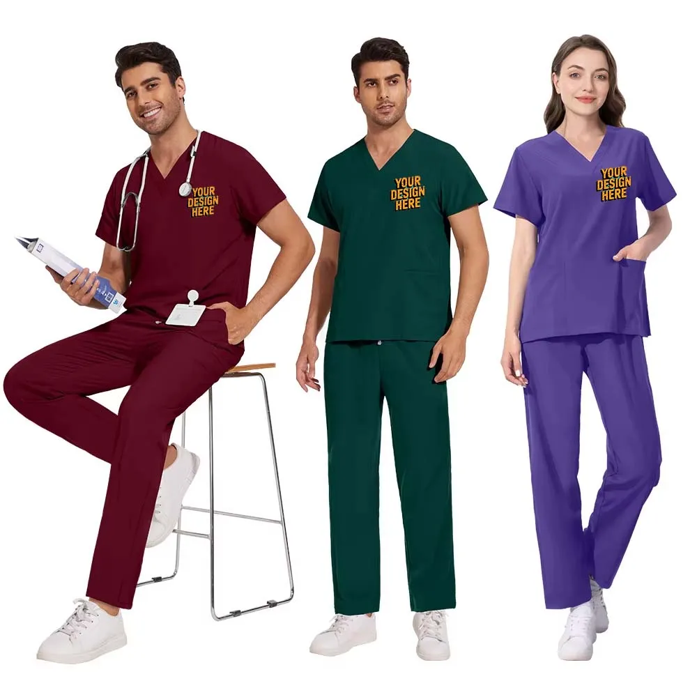 Men's And Women's V-neck Basic Solid Color Quick-drying Fabric Thin Dental Clinic Work Clothes Hand Washing Clothes free custom