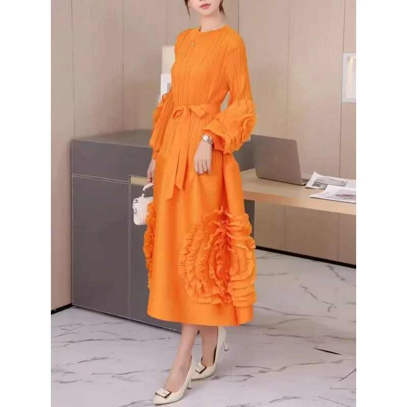 Fashion Design Pleated Evening party Dress Women Mesh Floral Spliced Belt Gathered Waist Solid Color Dresses Elegant 2024 New