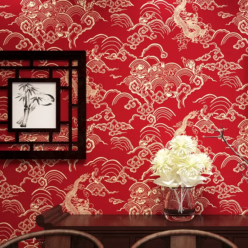 Chinese Red Wallpaper Dragon Pattern Chinese Style Classical Zen Teahouse Teahouse Restaurant Small Restaurant Decoration Wallpa