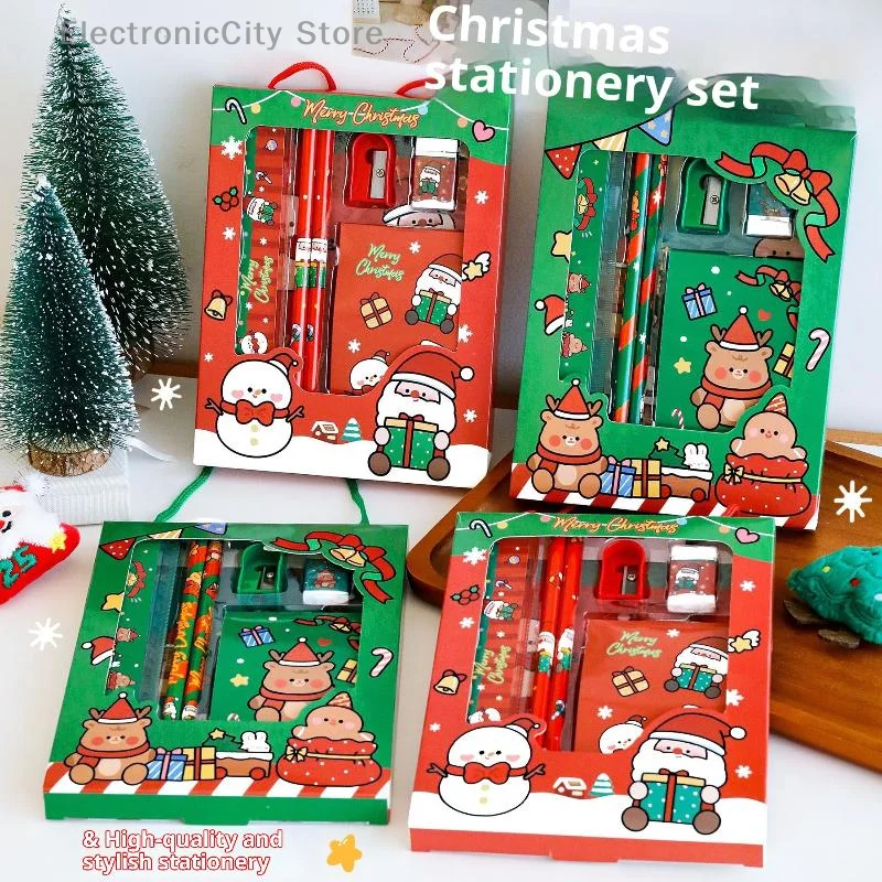 6Pcs Cartoon Christmas Pencil Sharpener Erasers Pencils Rulers Kawaii Children Stationery Set School Stationery Supplies