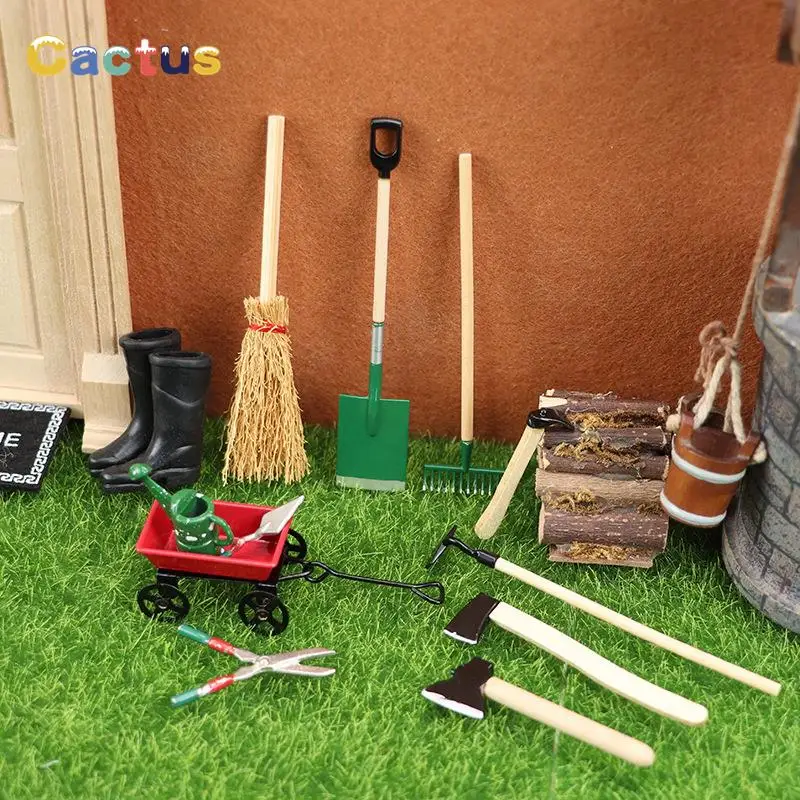 

1 Set 1:12 Dollhouse Miniature Farm Tool Ax Shovel Pull Cart Broom Boots Watering Can Garden Decor Toy Doll House Accessories