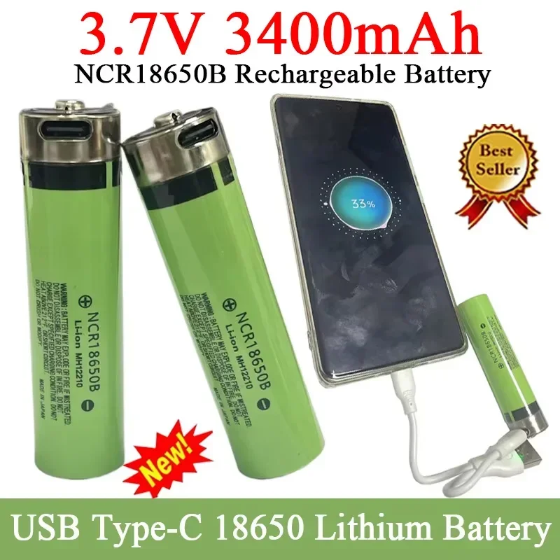 SUYIJIA 18650 Lithium Battery 3.7V 3400mAh NCR18650B Rechargeable Battery USB TYPE-C Charging Port Supports Reverse Charging