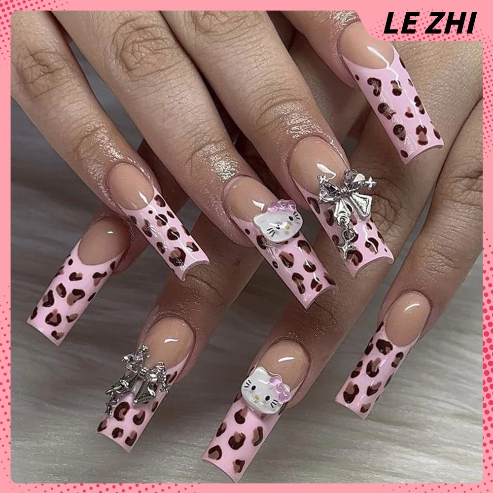 Xl Square 10Pcs Y2K Handmade Press On Nails Hello Kitty Ballet Fashion Girls Flower Bow Love Diamond Party Sticker Fake Nails