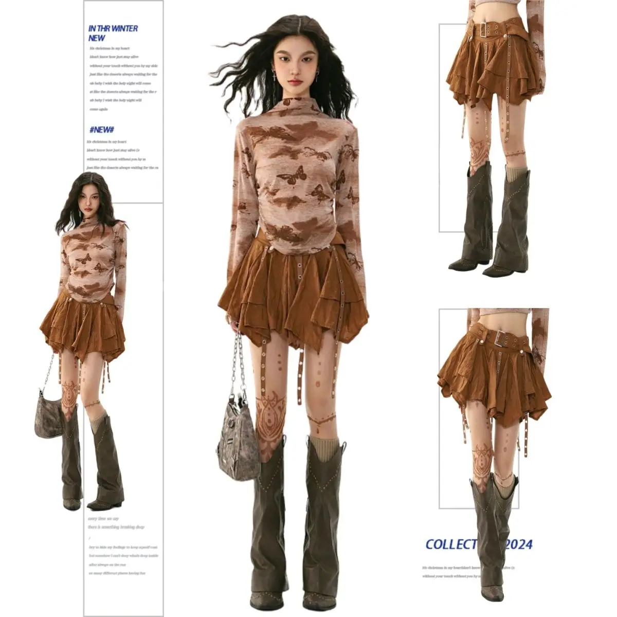 Retro Irregular Ruffled Skirt Y2k American Hot Girl Sexy Women Ribbon Pleated Short Skirt Maillard Color High Street Design