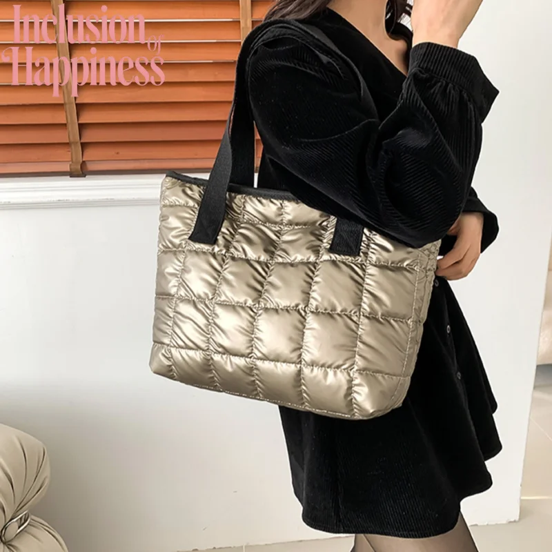 Bright Colored Large Cotton Clothing Tote Bag For Women's Winter Casual Versatile Underarm Shoulder Bag With Checkered Stitching