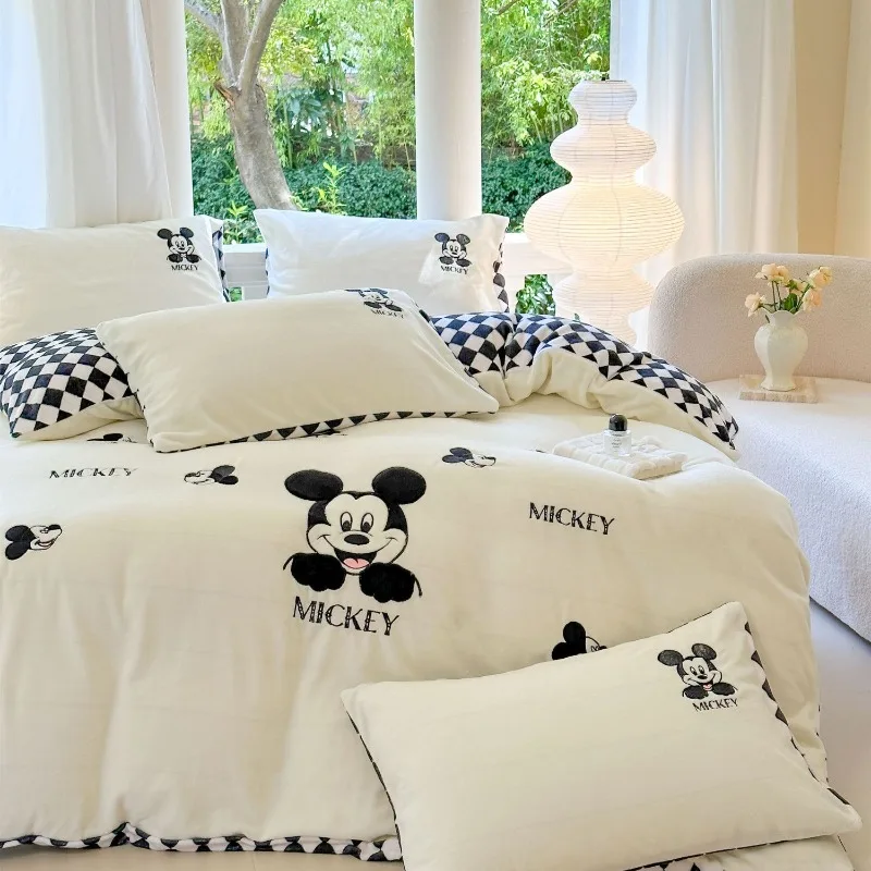 Disney Cute Stitch Winnie the Pooh Lotso Donald duck Creative Cartoon Pattern Milk Velvet Sheet and Quilt Cover Four-piece Set