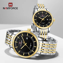 NAVIFORCE-Reloj de pulsera de cuarzo para parejas, cronógrafo de lujo, con indicador de fecha, de acero inoxidable, resistente al agua