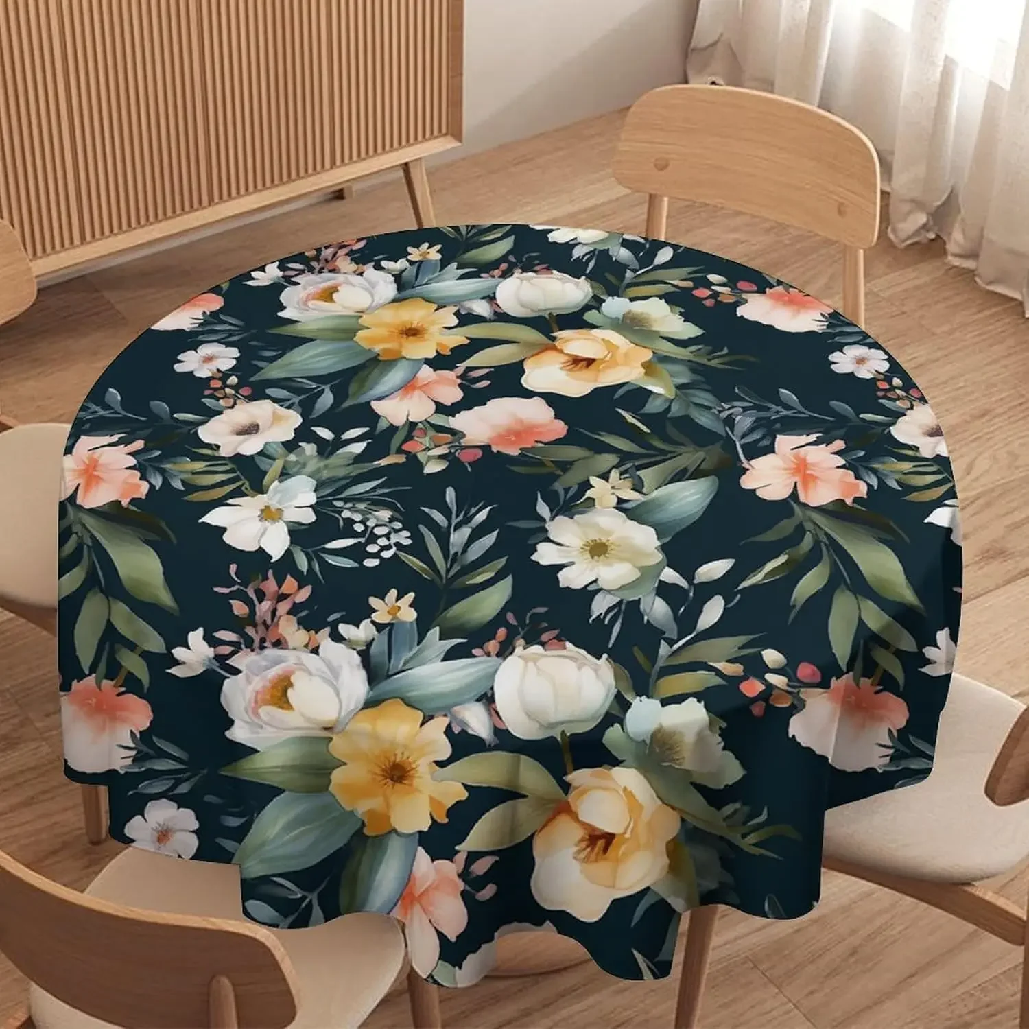Vintage Wildflower Black Floral Boho Circle Tablecloth - Retro Watercolor Colorful Leaves Garden Waterproof Cover