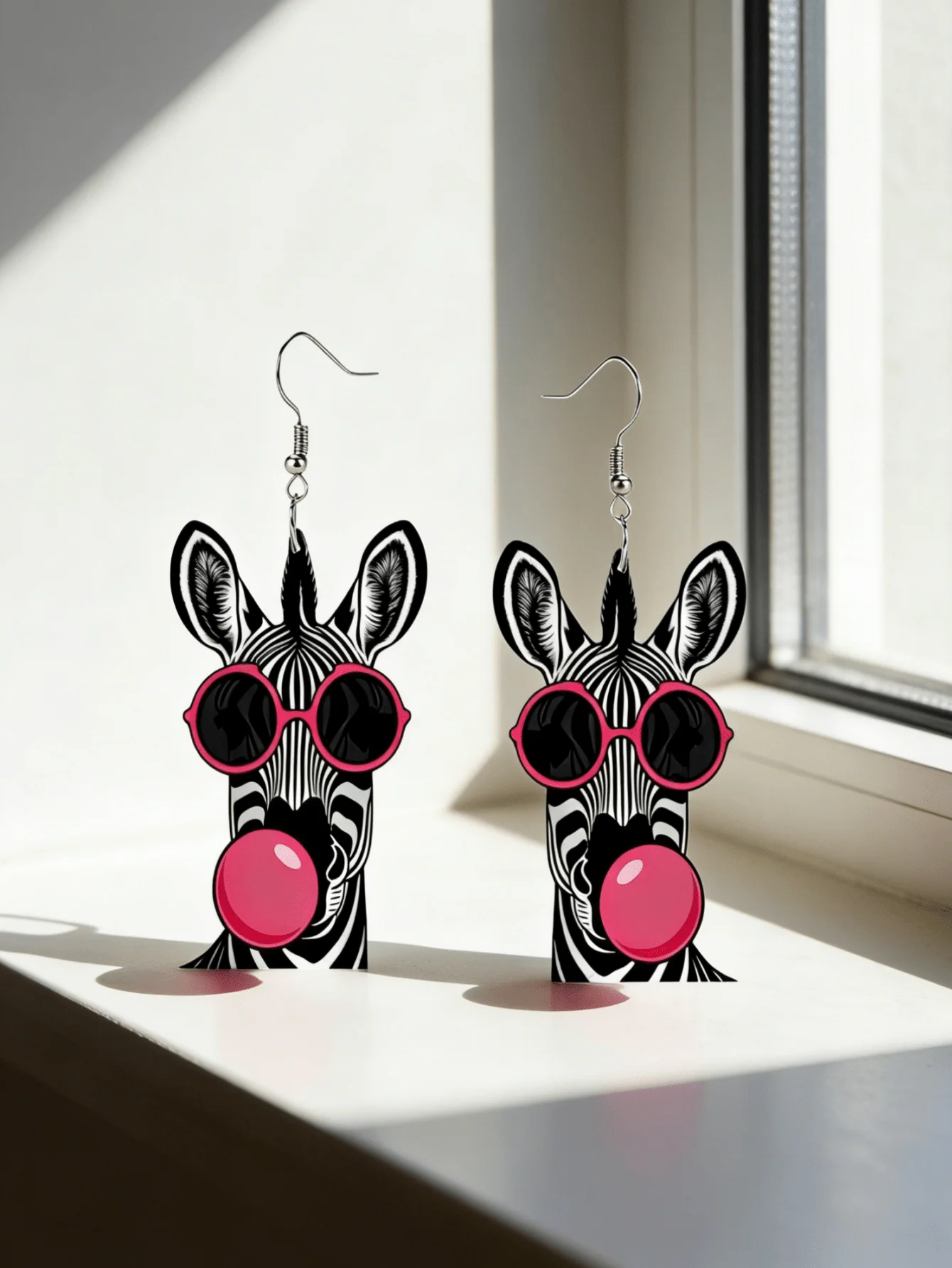 Pendientes de moda 2D con diseño de cebra, gafas de sol rosas y chicle, acrílicos ligeros para mujer