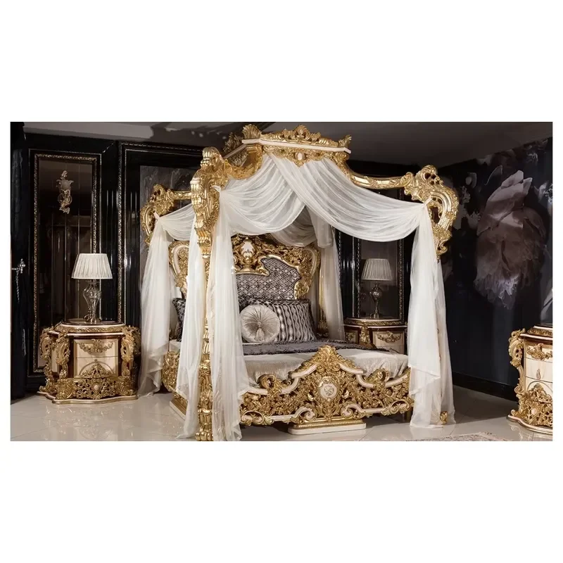 for Deluxe Royal Mahogany Medieval Style Bedroom Set Gold Carved Custom Tufted Four Poster Canopy Bed Wardrobe Bedside Table