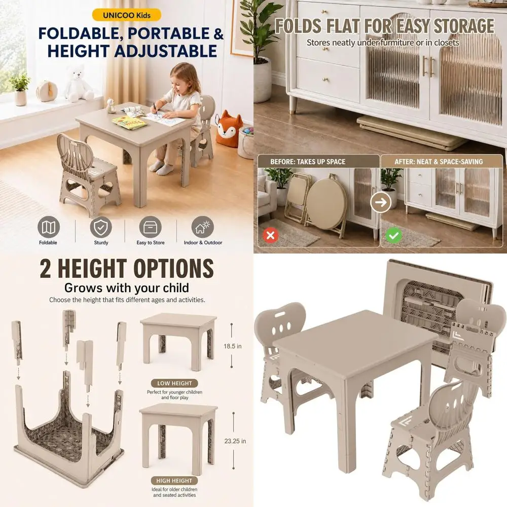

Portable Height-Adjustable Toddler Table and 2 Chairs Set for Indoor & Outdoor Activities, Perfect for Play, Study, and Picnics