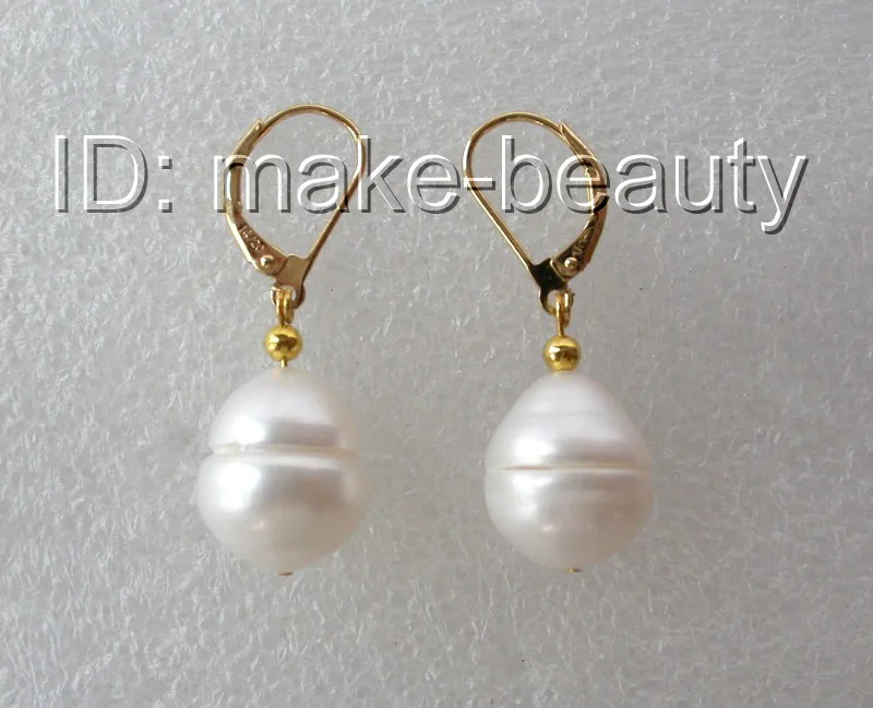 stunning big 16mm baroque white freshwater cultured pearl dangle earrings 14K gold h1228