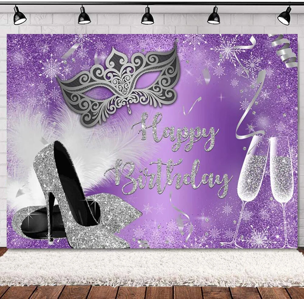 Photography Backdrop Purple Masquerade For Happy Birthday Party Decor High Heel Champagne Confetti Photo Background Supplies