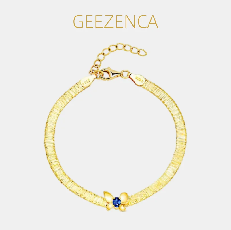 GEEZENCA Italian Jewelry 925 Silver Blue Zircon Bracelets For Women 18K Gold Brushed Craft Butterfly Chic Bracelet Luxury Gift