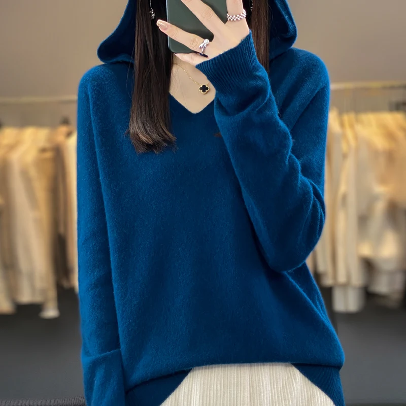 2024 100% Merino Pure Wool V-neck Hoodie Autumn/Winter Hoodie New Cashmere Sweater Women\'s Casual Knitted Top DMR207