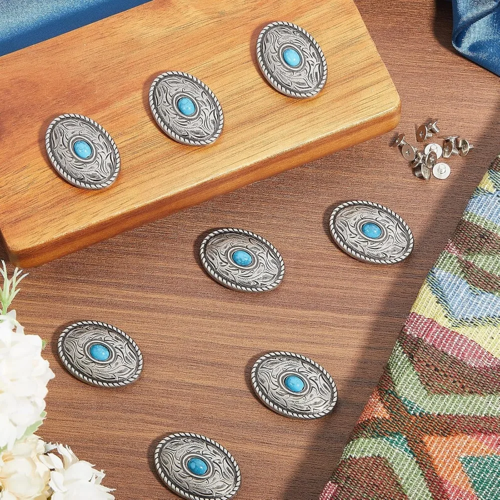 12 مجموعات خمر الفيروز الأزرق مشبك الزخرفية مع مسامير أزرار الظهر المسمار الخلفي DIY بها بنفسك الحرفية حزام جلد شكل دائري #5