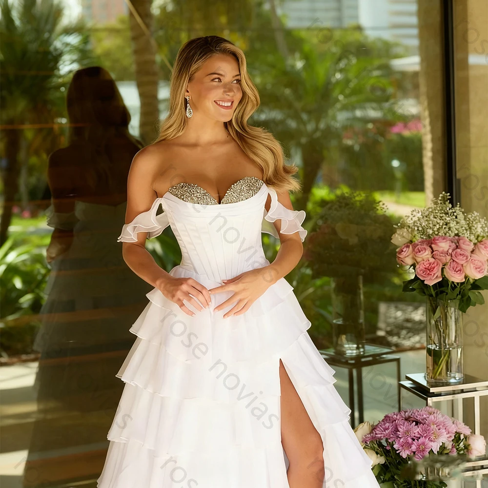 جودة عالية بيضاء أنيقة مساء الأورجانزا ل الطابق طول الحبيب قبالة الكتف فساتين حفلة موسيقية كريستال المتدرج حسب الطلب #3