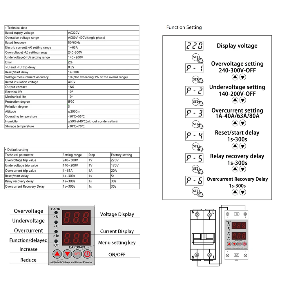 40A 63A 230V Din Rail Adjustable Over Voltage And Under Voltage Protective Device Protector Relay Over Current Protection Limit